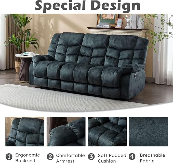 EBELLO Manual Recliner Sofa Set Soft Fabric Reclining Living Room Set Included Single Recliner Chair and 3PC Bonded Manual Recline Sofa Grey Green