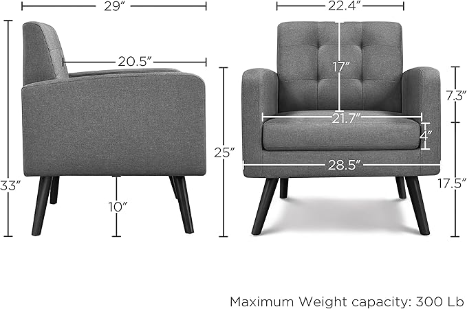 Yaheetech Mid-Century Accent Chairs Modern Upholstered Living Room Chair Cozy Armchair Button Tufted Back and Wood Legs for Bedroom/Office/Cafe Set of 2 Gray