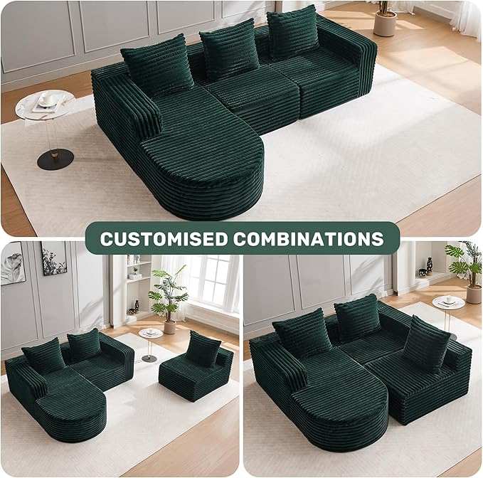 Boneless Cloud Couch Modular Sectional Sofa L-Shape with Chaise 102 Soft Faux Fur Deep Seat &amp 3 Pillows &amp 2 Side Pockets for Living Room Bedroom (Green Left Chaise)