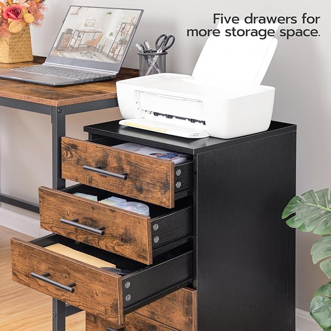 HOOBRO 5-Drawer File Cabinet Office Filing Cabinet with Drawers Wooden Mobile Storage Cabinet with Wheels for Makeup Home Office Easy Assembly Rustic Brown BF05WJ01G1