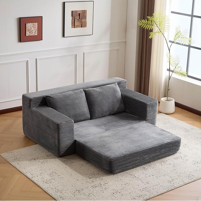 72 Boneless Loveseat Couch Foldable Pull Out Sofa Bed with 2 Pillows Corduroy Floor Sofa for Apartment Living Room Bedroom Guest Room No Assembly (Dark Grey)