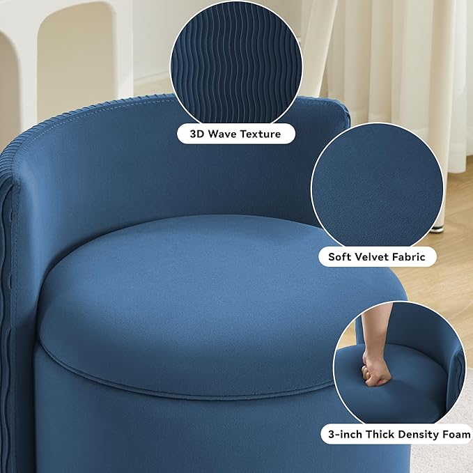 360° Swivel Velvet Vanity Chair with Storage Barrel Makeup Chair with Wave Back No Assembly Upholstered Vanity Small Accent Chairs for Living Room Blue