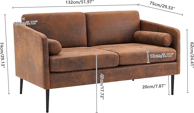 Karl home Loveseat Sofa 52 Bedroom Couch Mid-Century 2-Seat Sofa Bronzing Cloth Upholstered Love Seat with Metal Legs for Living Room Bedroom Balcony Apartment Office Brown