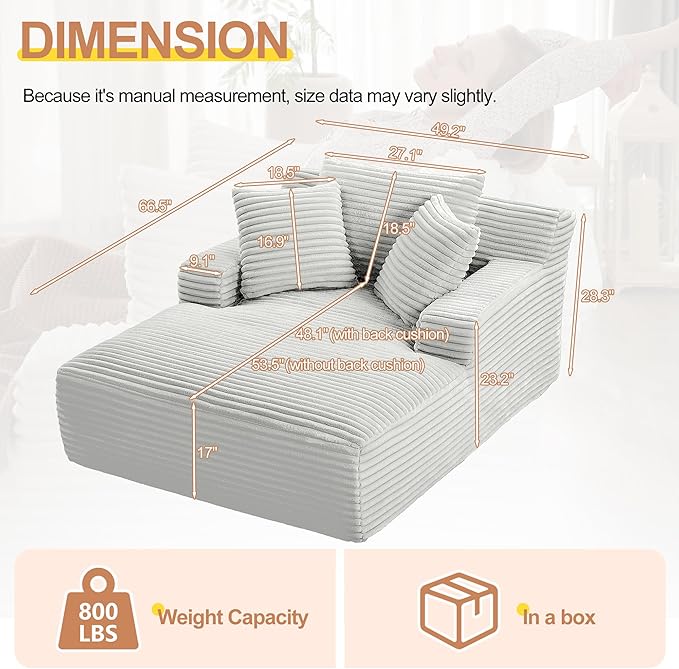 67 Oversized Chaise Lounge Chair Indoor Corduroy Boneless Chaise Lounge Sofa Chair with Pillows &amp Wide Armrest Deep Seat Fluffy Reading Chairs Cloud Couches for Living Room Light Grey