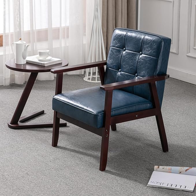 Okeysen Mid Century Modern Accent Chairs Retro Wood and Leather Armchairs Side Chair Lounge Reading Comfy Arm Chair for Living Room Bedroom Office (Blue)
