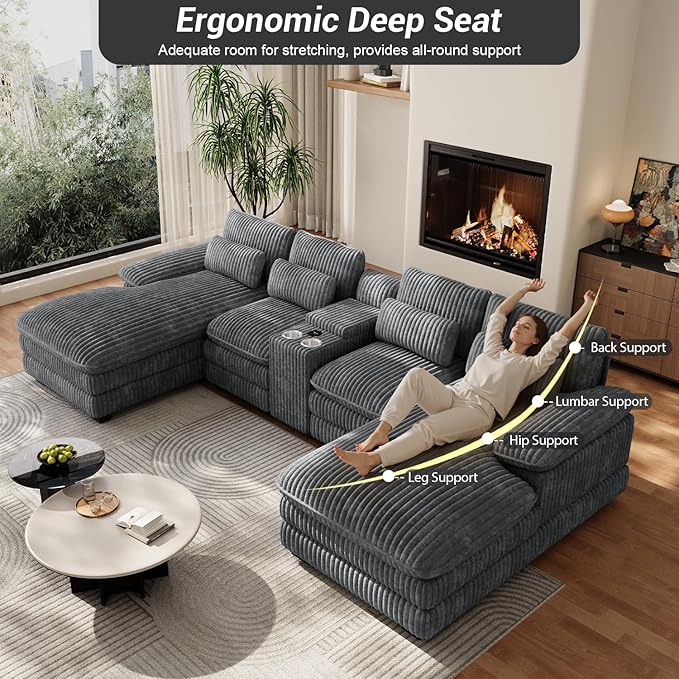 133 Oversized U Shaped Cloud Couch Modular Sectional Couches for Living Room Comfy Corduroy Deep Seat Sofa Set with Double Chaise Lounge Storage Central Console Cup Holders USB Port Dark Grey
