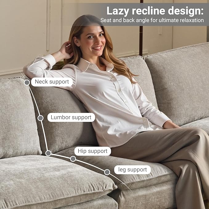 VINGLI 122 Cloud Double-Layer Deep Convertible Sectional Sofa Comfy L-Shape 3-Seat Couches for Living Room Modern Couch with Movable Ottoman for Small Space Light Grey Chenille