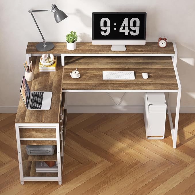 Tribesigns L Shaped Desk with Drawers and Storage Shelves Corner Home Office Desk with Monitor Stand 55 x 24 Desktop Computer Table Gaming Study for Small Space (Oak)