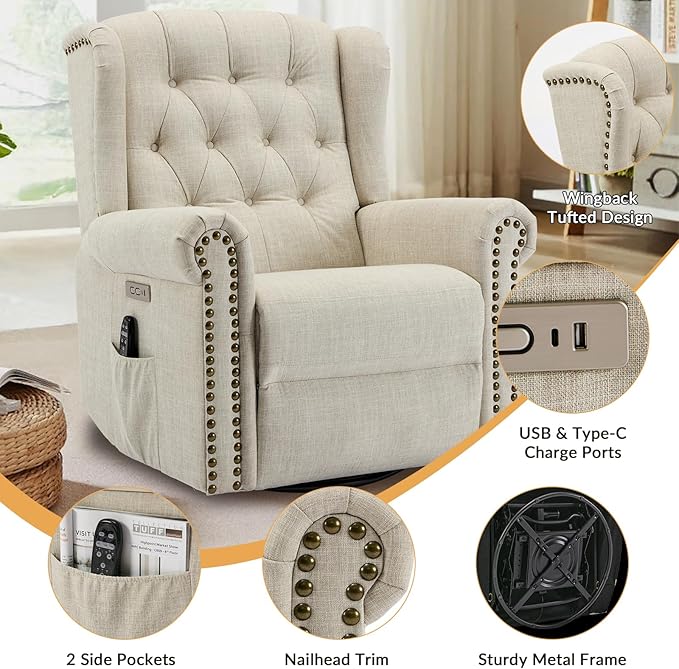 Power Swivel Rocking Glider Recliner Chair Electric Nursery Reclining Sofa Chair with Heat and Massage Wingback Tufted Upholstered Recliner for Living Room USB and Type-C Ports Beige