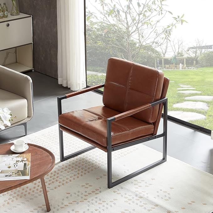 Red Brown PU Leather Leisure Black Metal Frame Recliner Chair for Living Room and Bedroom Furniture