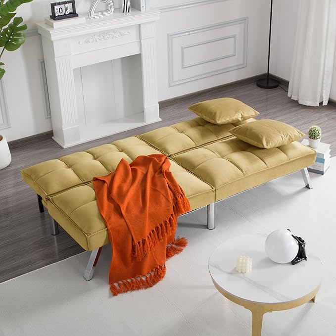 68 Modern Futon Sofa BedConvertible Sleeper Bed Couch with 4 Reclining Backrest with 2 PillowsComfy Velvet Cloud Sofa Loveseat for Living Room Bedroom Office (Olive)