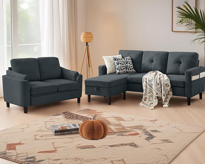 2 Piece Sofa Set 3 Seat Sofa Couch and Loveseat with Ottoman Couches Sets for Living Room/Apartment/Office Dark Grey