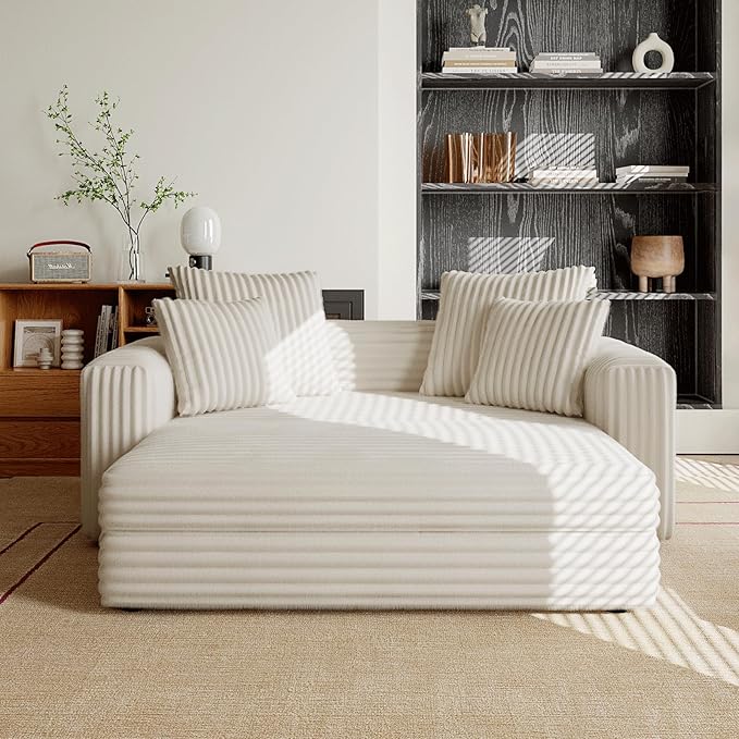 Acanva Oversized Cozy Chaise Lounge Chair Indoor with Removable Ottoman Modern Upholstered Fluffy Sleeper Sofa Bed Comfy Reclining Couch for Living Room Bedroom White