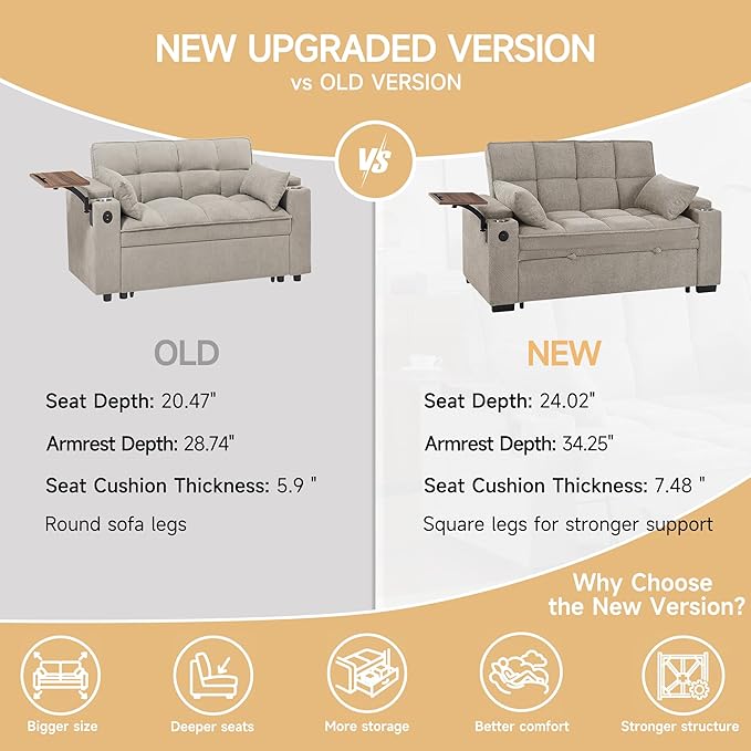 65'' Convertible Sleeper Sofa BedExtra Thick Cushion Polka dot Velvet Pull Out Futon Couch with Storage handrails &amp Rotating Side TablesConvertible Sofa Couch for Living RoomRV (07S-Khaki)