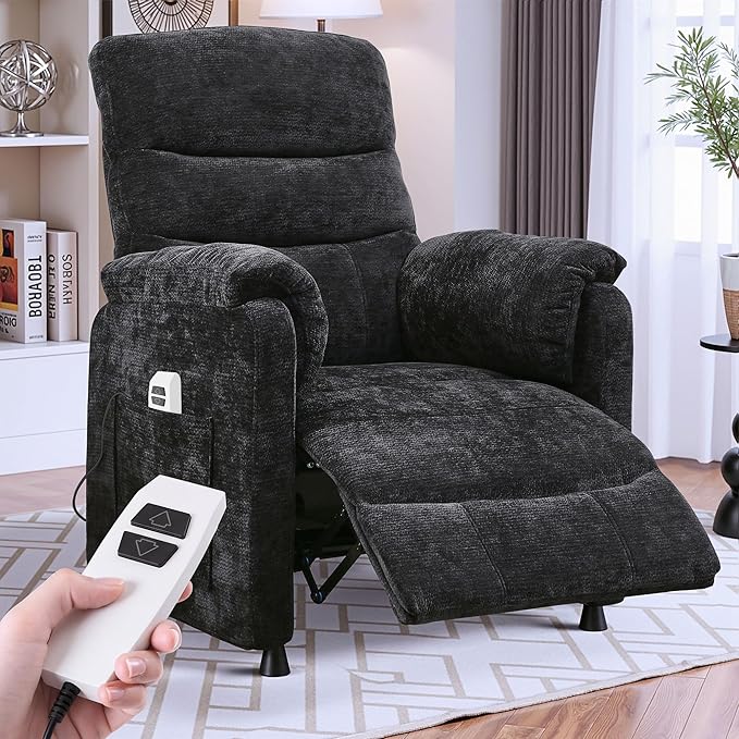 Electric Recliner Chair Power Recliner Sofa with Remote Adjustable Backrest and Side Pocket 7-Zone Support 350 LBS Soft Chenille Fabric Armchair for Living Room Bedroom Black