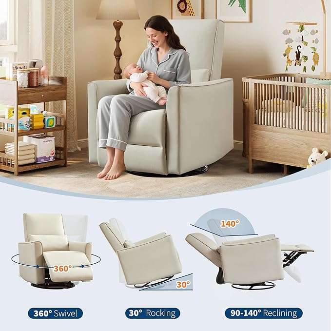 IDEALHOUSE Swivel Rocking Nursery Recliner Chair Rocker Recliner Glider Deep Seat PU Leather Sofa Chair with high Backrest for Nursery Living Room Bedroom &amp Home Movie Theater (Beige)