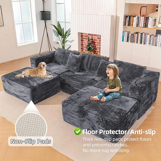110 Modular Sectional Boneless Sofa with 2 Ottomans Corduroy U-Shaped Modular Sectional Sofa Convertible Cloud Couch with Deep Seats No Assembly Required (Grey 110 3Seat+2 0ttoman)