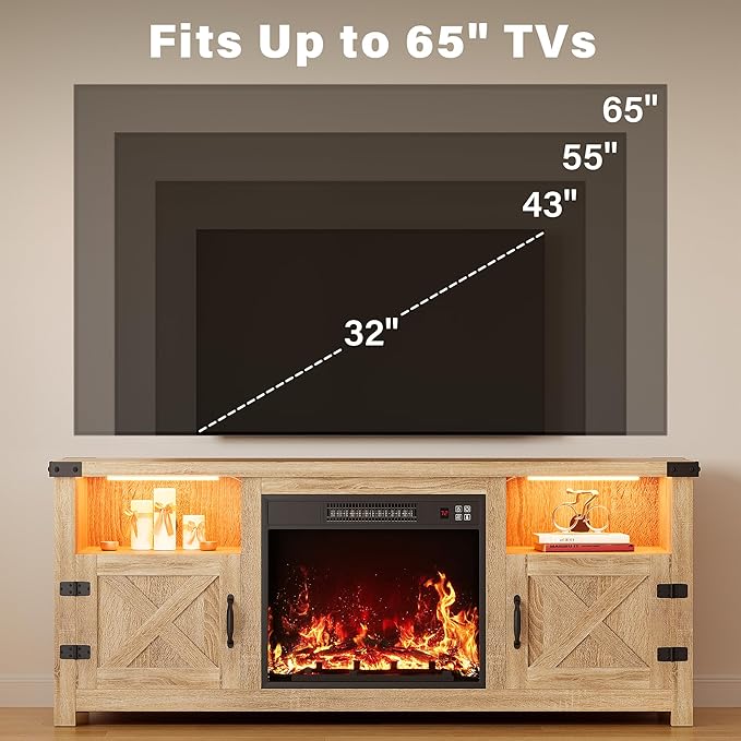 YESHOMY LED Fireplace TV Stand with Mood Lighting TV Cabinet with Open Shelf Farmhouse Media Console with Hidden Cable Routing Entertainment Center for Televisions up to 65+ Inch Natural Oak