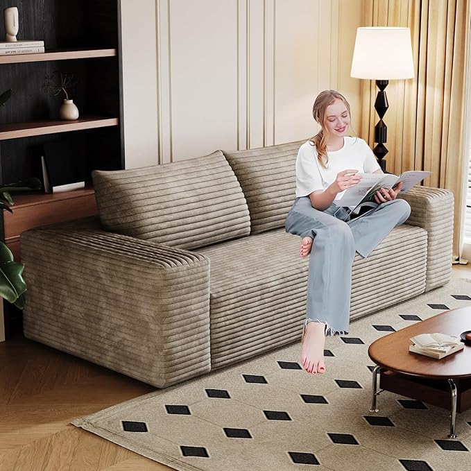 63 Sofa in a Box Compressed Boneless Couch with Wide Armrests &amp 2 Cushions Cloud loveseat Sofa for Living Room Memory Foam Deep Seat Corduroy Fabric No Assembly (Camel 2)