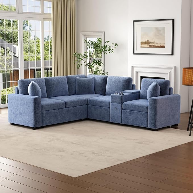120.5 L-Shaped Convertible Sofa Bed with Pull-Out Bed Chenille Modular Sectional Sofa Reversible Sleeper with Cup Holders and Ample Storage Space for Living Room (Blue-120.5D)