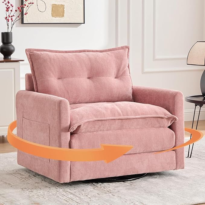 cinkehome Oversized Swivel Chair 36 Swivel Armchair Accent Chair for Living Room Mid Century Modern Thick Padded Arm Chairs Memory Foam Chenille Fabric