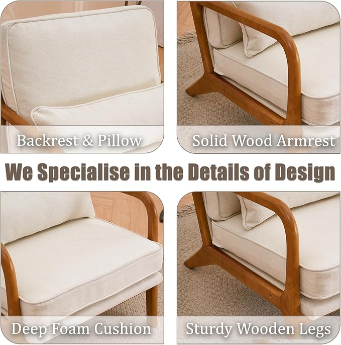 Mid Century Modern Accent Chair with Wood Frame Upholstered Lounge Linen Fabric Armchair Comfy Reading Leisure Chair with Cushion for Living Room Bedroom Balcony Beige