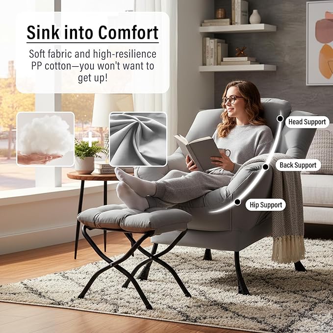Lazy Chair with Ottoman Modern Accent Chairs with Folding Footrest Light Grey Sofa Chair Set Comfortable Reading Chairs Oversized Armchairs for Bedroom Study Living Room Courtyard