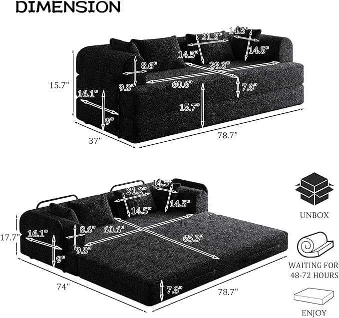 Convertible Floor Sofa Bed 79 Compression Sofa Foldable Sleeper Couch Bed Modular Sectional Couch Comfy Loveseat No Assembly Required for Living Room Guest Room Chenille Fabric Black