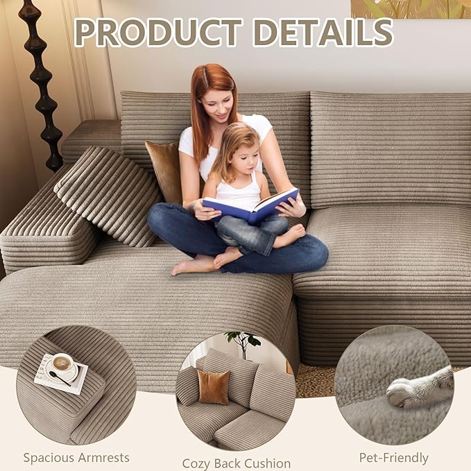 107 Cloud Couch Modular Sectional Couchs with Chaise Lounge L-Shape Boneless Couches for Living Room Corduroy Sofa with Deep Seat No Assembly Required (Camel Left Facing Chaise)