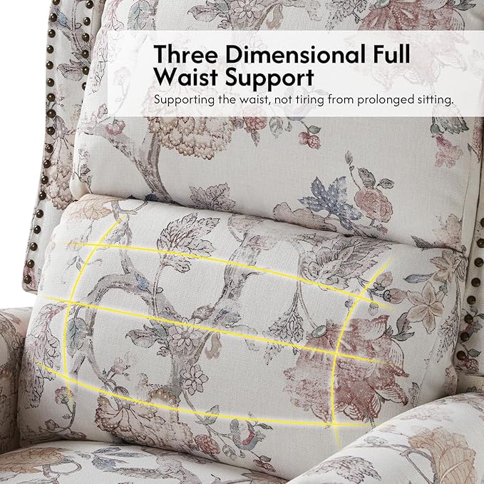 Pushback Recliner Chair Upholstered Floral Fabric Wingback Chair Single Sofa Accent Chair with Wood Legs and Rivet Decoration for Living Room Bedroom Navy Floral