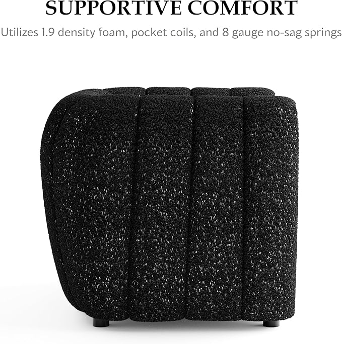 Furniture of America Glamour Contemporary Vertical Channel Tufted Boucle Accent Chair with Wooden Legs Fabric Upholstered Armchair for Living Room Bedroom Office Black