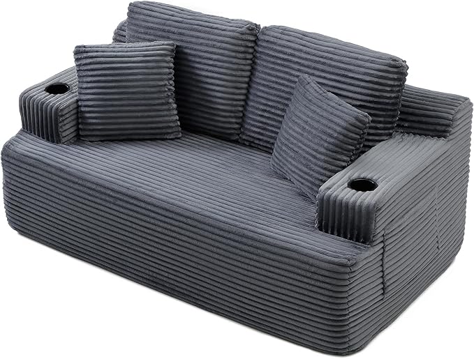 Floor Loveseat Boneless Sofa Couch in a Box with Cup Holder and Side Pockets Corduroy Upholstered 2 Seater Cloud Foam Sofa with Deep Seating for Living Room No Assembly | Breathable material Cuphol