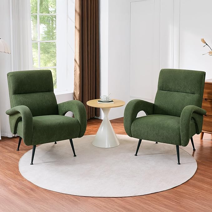 Modern Accent Chair Reading Chair with Corduroy Fabric Upholstered and Hight Backrest Single Sofa Chairs for Living Room Apartment Bedroom and Small Spaces. (Green)