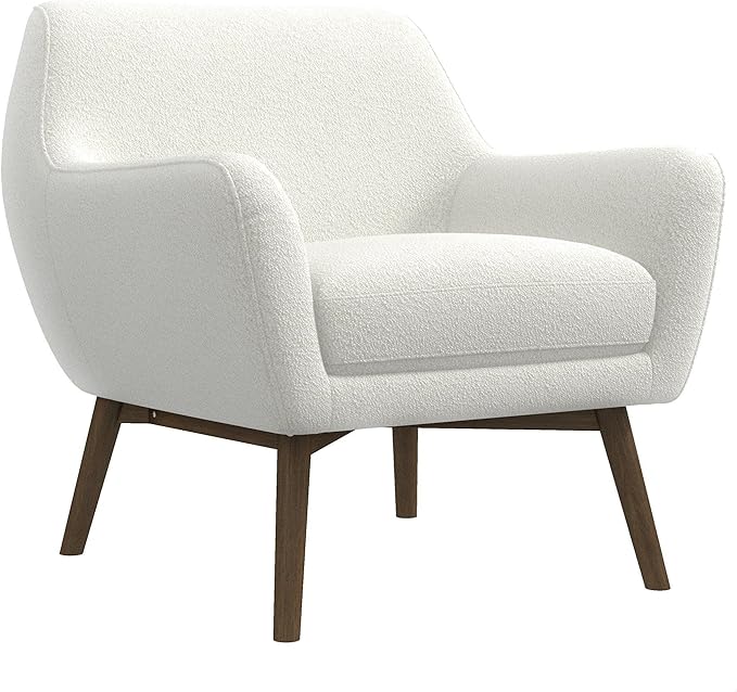 GDFStudio Mid-Century Modern Comfy Accent Chair Upholstered Boucle Lounge Vanity Chair with Rectangular Back and Solid Wood Legs Armchair Sofa Chair for Bedroom Living Room Makeup White &amp Brown