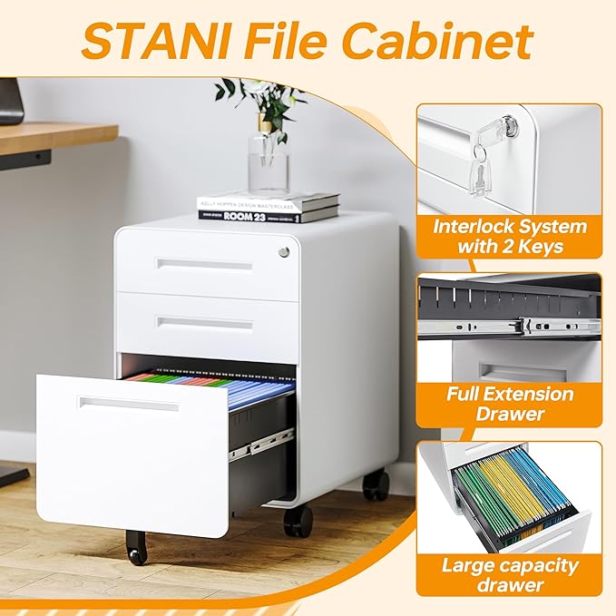 STANI 3 Drawer Filing Cabinet Metal Filing Cabinet Legal/Letter Size with Lock Mobile Storage Cabinet for Home and Office Fully Assembled Except Wheels White