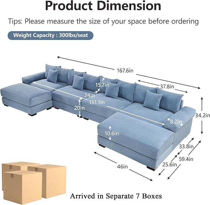 Cloud Couch Modular Sectional Sofa 167.6 Oversized 4 Seater U Shaped Couch Deep Seat Sectional Couches for Living Room Comfy Corduroy Upholstery Sofa Extra-Wide Armrests with OttomanBlue