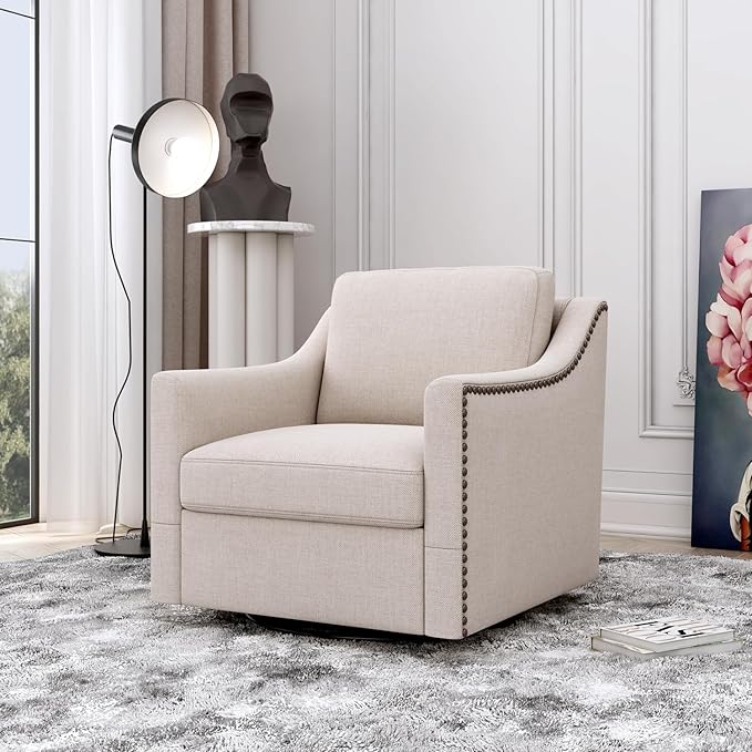360 Degree Swivel Armchair Ergonomic Cotton Linen Fabric Upholstered Lounge Chair for Living Room Bedroom Office - White