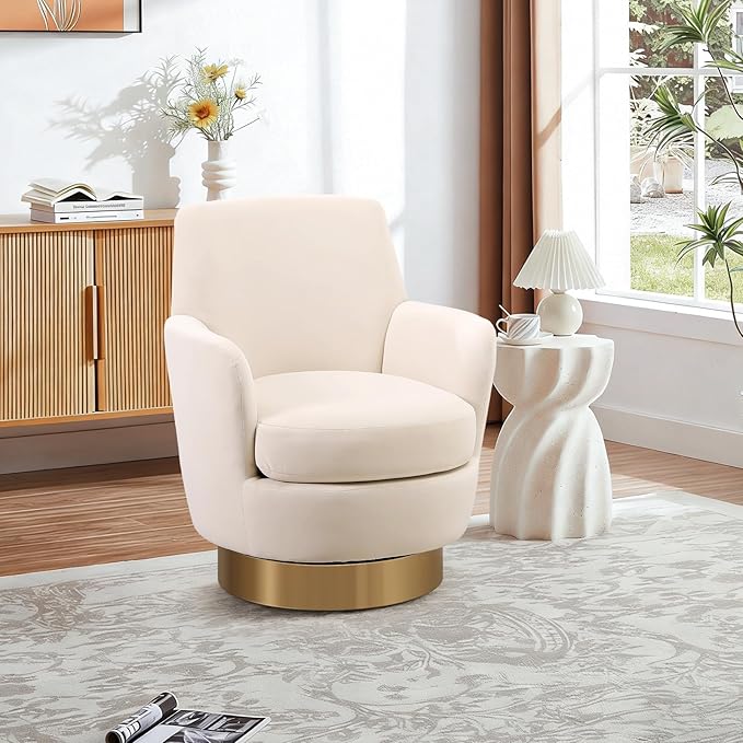 360° Swivel Barrel Chair Set of 2 28.3 Modern Velvet Round Accent Chair Comfy Upholstered Small Armchair with Gold Metal Base for Living Room Bedroom Nursery Office Sillas para Sala Beige