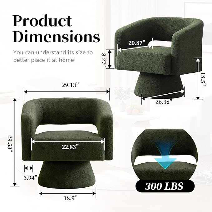 Accent Barrel Chair Set of 2 Modern Teddy Bear Velvet Club Chair 360° Swivel Degree Dressing Chair Suitable for Living Room Reading Room Bedrooms Office Green