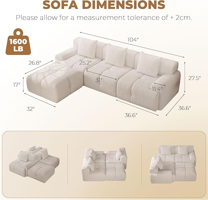 104 Modern L Shaped Modular Sectional Sofa 4 Seater Convertible Chenille Cloud Couch Sofa Set Boneless Couches for Living Room with Ottoman No Assembly Required White