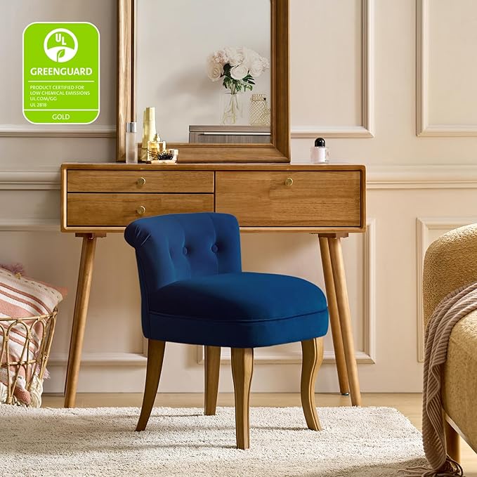 HULALA HOME Velvet Vanity Stool with Low Back Modern Vanity Chair with Solid Wood Legs Small Upholstered Makeup Chair Home Decor for Bedroom Living Room Dressing Table Women Girls Navy