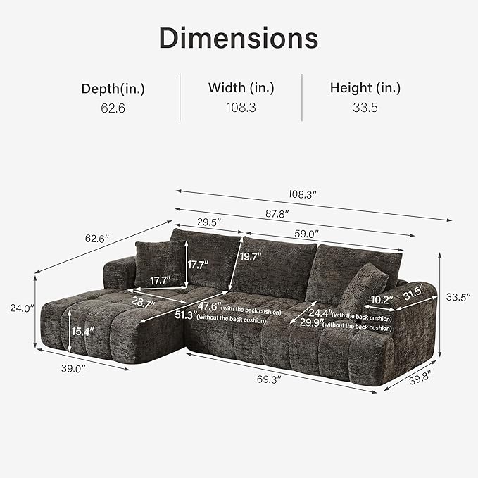 108 Luxury L-Shaped Sectional Sofa 4-Seater Modular Cloud Couch with Pillows Chenille Upholstered Full Foam Floor Sofa for Living Room No Assembly Brown