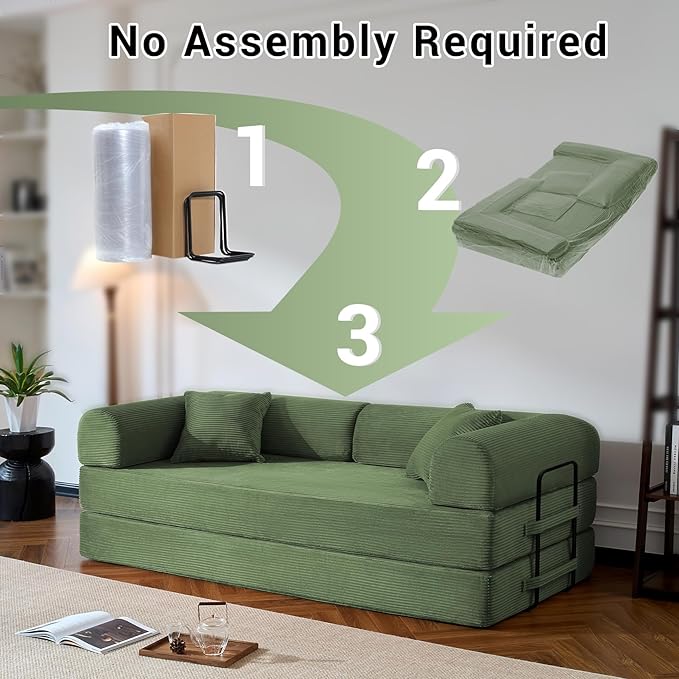 Compressed Sofa Convertible Sofa Bed Corduroy Compression Boneless Couch with Pillow Comfy Modular Foldable Floor Sleeper Sofa for Bedroom Living Room Lounge Studio (Olive Green)
