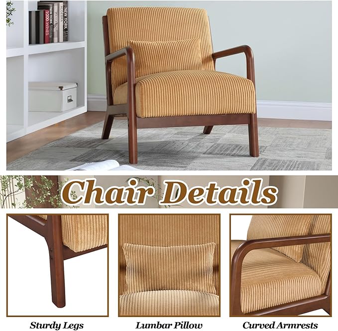 Modern Accent Chairs with Waist Cushion Comfy Upholstered Chair Living Room Corduroy Reading Chair with Solid Wood Frame Side Chairs for Living Room Bedroom Sunny Room Balcony (Yellow)
