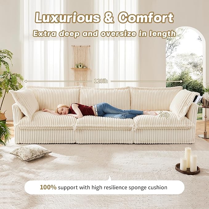 120 Slipcovered Modular Cloud Sectional Sofa Deep Seat Corduroy L Shaped Couch with Removable Covers 3-Seater Sofa with Movable Ottoman for Living Room (Cream) | Slipcovered