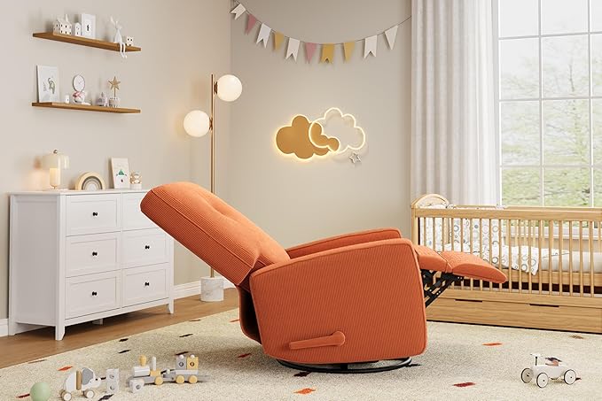 Recliner Chair 360° Swivel Rocking Glider Chair for Adults with Adjustable Backrest &amp Footrest Cozy Corduroy Upholstered Armchair for Living Rooms Bedrooms Apartments Orange