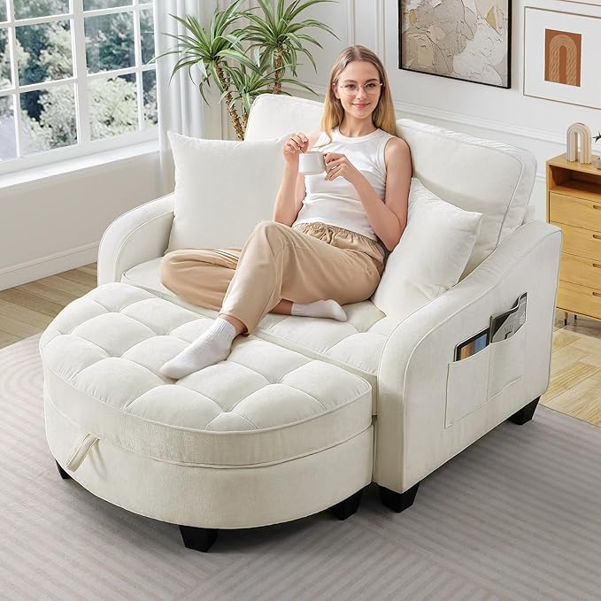 Oversized Chair and A Half Chenille Tufting Accent Cozy Reading Sofa Chair with Storage Ottoman Upholstered Loveseat Chaise Lounge Sofa with Adjustable Back for Living Room Office Sunroom Beige