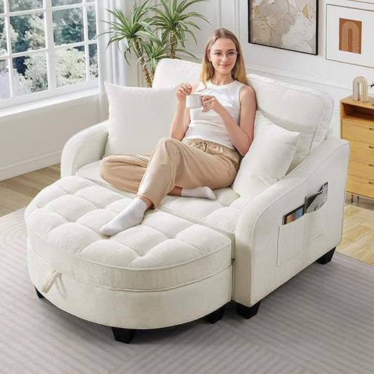 Oversized Chair and A Half Chenille Tufting Accent Cozy Reading Sofa Chair with Storage Ottoman Upholstered Loveseat Chaise Lounge Sofa with Adjustable Back for Living Room Office Sunroom Beige