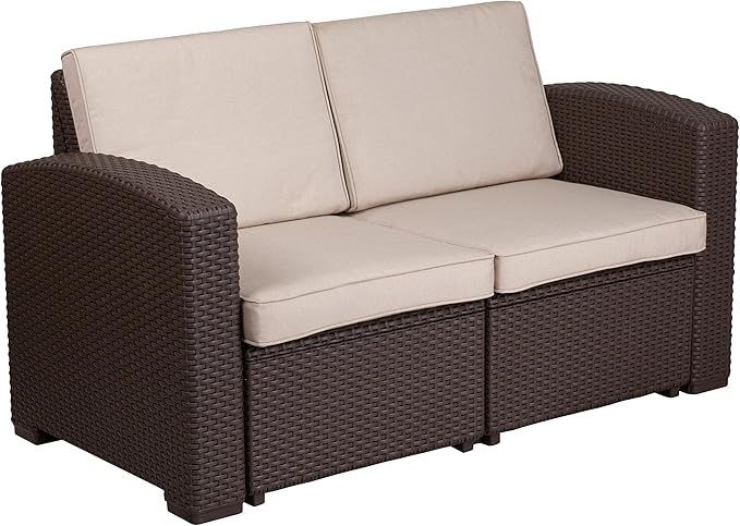 Flash Furniture Seneca Chocolate Brown Faux Rattan Loveseat with All-Weather Beige Cushions