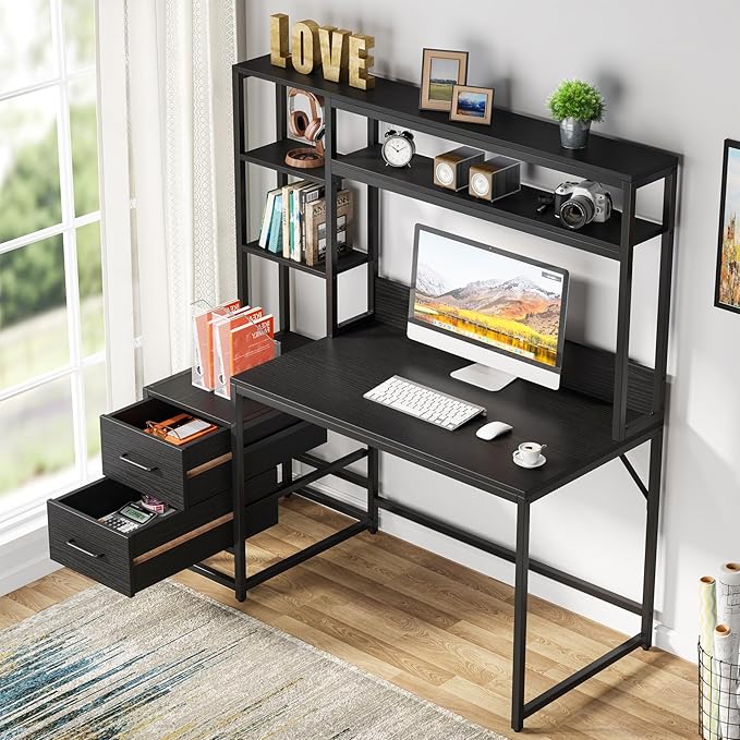 Tribesigns 55 Inch Computer Desk with 2 Drawers and Storage Shelves Rustic Office Desk with Hutch Study Writing Gaming Table Laptop Workstation for Home Office (Black)